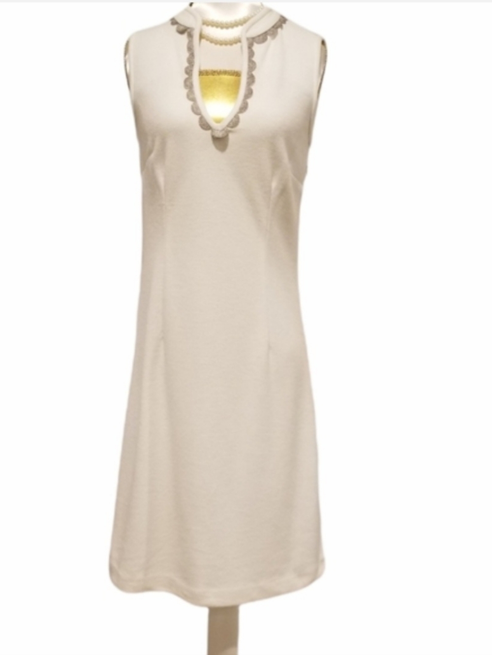 Ellie Kai White Sleeveless V-Neck Dress with Scallop Metallic Lace Trim Neckline